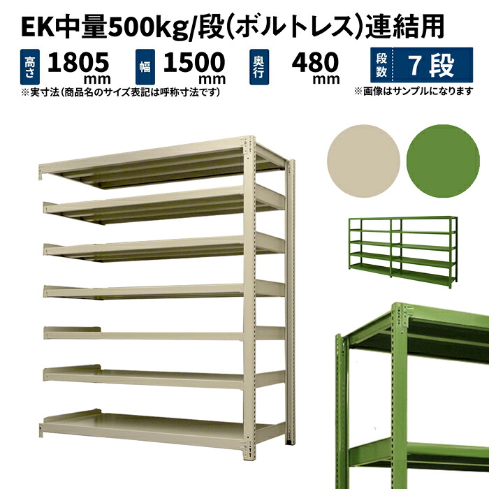 EK中量 500kg/段 高さ1800×幅1500×奥行450mm 7段 連結 (ボルトレス) アイボリー/グリーン (93kg) EK500_R-181545-7