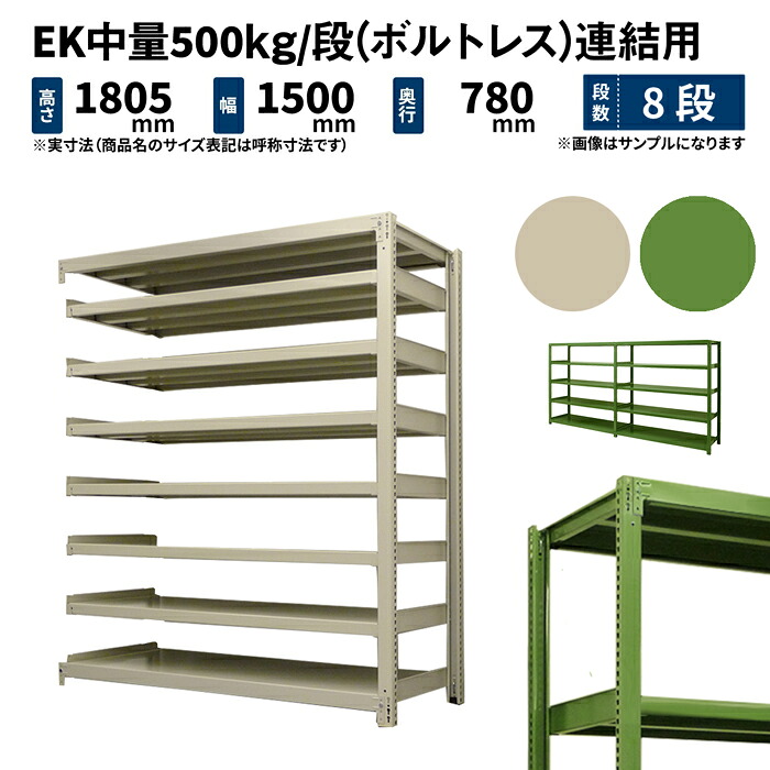 EK中量 500kg/段 高さ1800×幅1500×奥行750mm 8段 連結 (ボルトレス) アイボリー/グリーン (176kg) EK500_R-181575-8