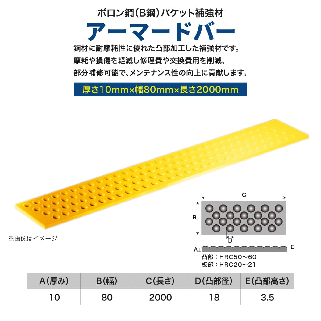 油圧ショベルバケット補強材 アーマードバー 10mmx80mmx2000mm ボロン鋼(B鋼) ユンボ 補修材 MAXIS