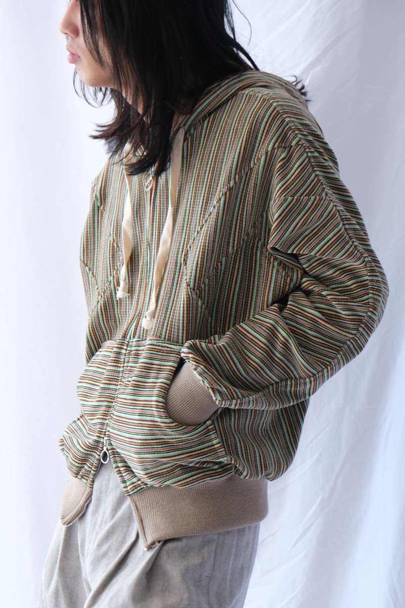 【メンズ新品】EDWARD CUMING (エドワード・カミング) FLEX HOODIE ベルベットストライプジップフーディ GREEN-GREY-ORANGE [NEW]