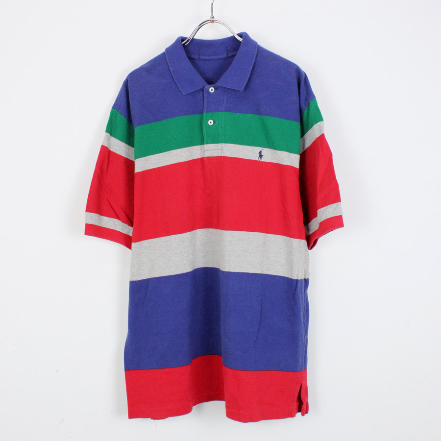 【中古】(KA) POLO BY RALPH LAUREN (ポロバイラルフローレン) 90'S S/S BORDER POLO SHIRT 90年代 半袖 ボーダー ポロ シャツ BLUE/RED/GREEN [SIZE: L相当 USED]