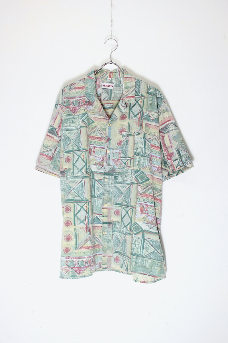 【中古】ORKNEYS (オークニー) 90'S S/S OPEN COLLAR POCKET DESIGN PATTERN COTTON ART SHIRT 90年代 半袖 オープンカラー ポケット デザイン パターン コットン アート シャツ GREEN / RED [SIZE: XL相当 USED]