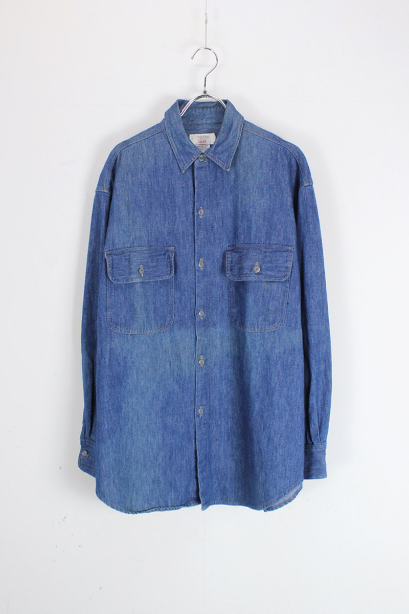 【中古】 CALVIN KLEIN SPORT (カルバンクラインスポーツ) MADE IN USA L/S DENIM SHIRT USA製 80年代 長袖 デニム シャツ INDIGO [SIZE: XL相当 USED]｜JULIUS NYC