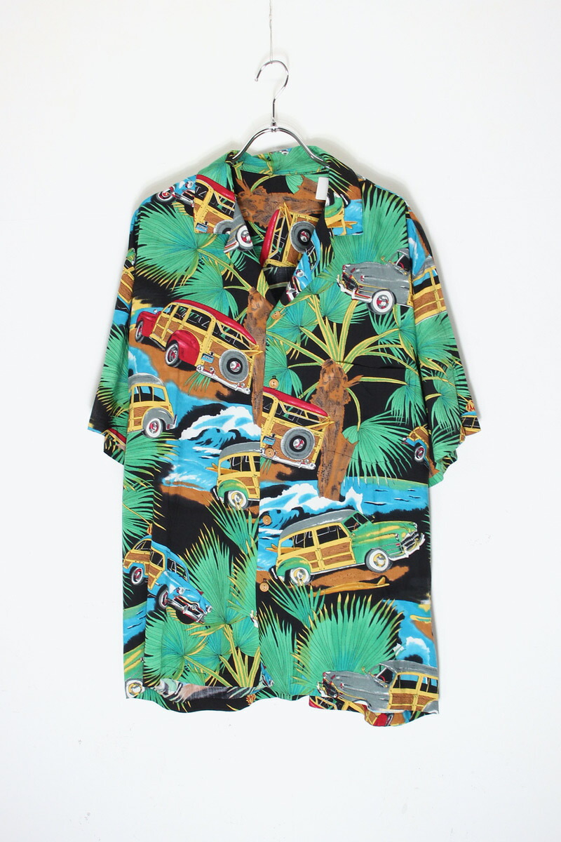 【中古】NO BRAND (ノー ブランド) S/S PALM TREE & CAR HAWAIIAN SHIRT 半袖 パルム ツリー アンド カー ハワイアンシャツ BLACK/GREEN [SIZE: XL相当 USED]