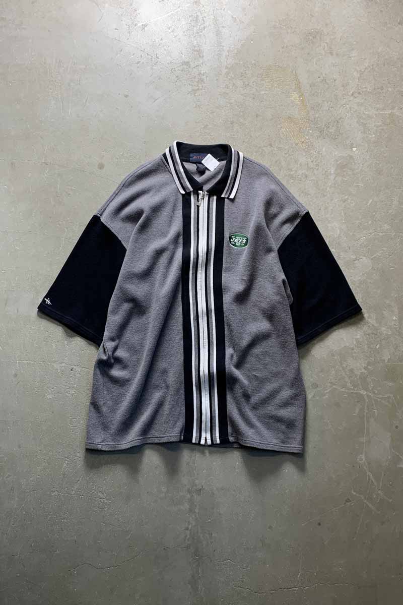 【中古】ANTIGUA (アンティグア) S/S NFL NY JETS LINE ZIP KNIT SHIRT 半袖 ナショナルフットボールリーグ ニューヨーク ジェッツ リネン ジップ ニット シャツ GRAY / BLACK [SIZE: XL USED]