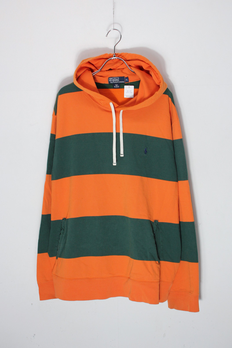 【中古】POLO BY RALPH LAUREN (ポロ バイ ラルフ ローレン) 90'S ONE POINT BORDER SWEAT HOODIE ペルー製 90年代 ワン ポイント ボーダー スウェット フーディー ORANGE GREEN [SIZE: XL USED]｜JULIUS NYC