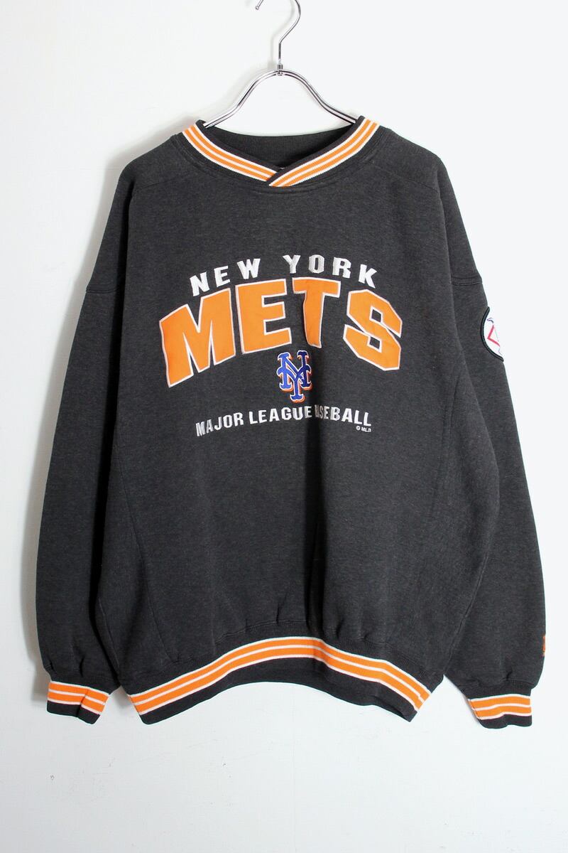 【中古】LEE SPORTS (リー スポーツ) 90'S NY METS MLB V NECK SWEATSHIRT 90年代 ニューヨーク メッツ メジャーリーグベースボール V ネック スウェット シャツ BLACK / ORANGE [SIZE: XL相当 USED]