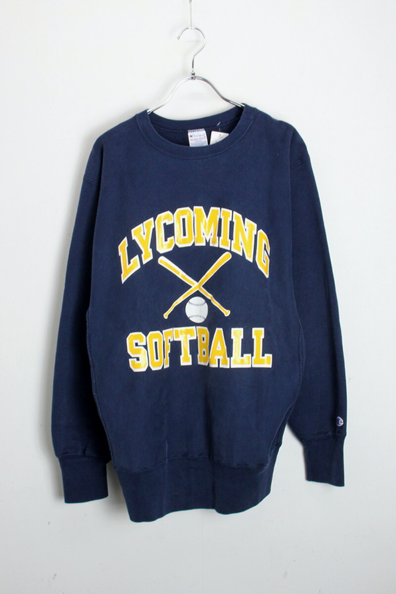 【中古】CHAMPION (はやりっ子) MADE IN USA 90\u0027S LYCOMING SOFTBALL REVERSE WEAVE SEWAT SHIRT USA製 90年月日 ライカミング ソフトボール リバースウィーブ 流汗 プルオーバー NAVY [SIZE: L USED]