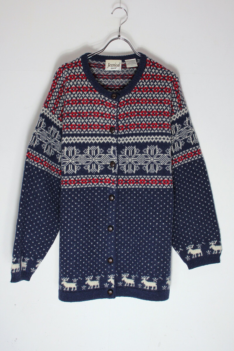 【中古】JESSICA (ジェシカ) 90'S NORDIC PATTERN WOOL KNIT CARDIGAN 90年代 ノルディック柄 ウール ニット カーディガン NAVY / RED [SIZE: L USED]