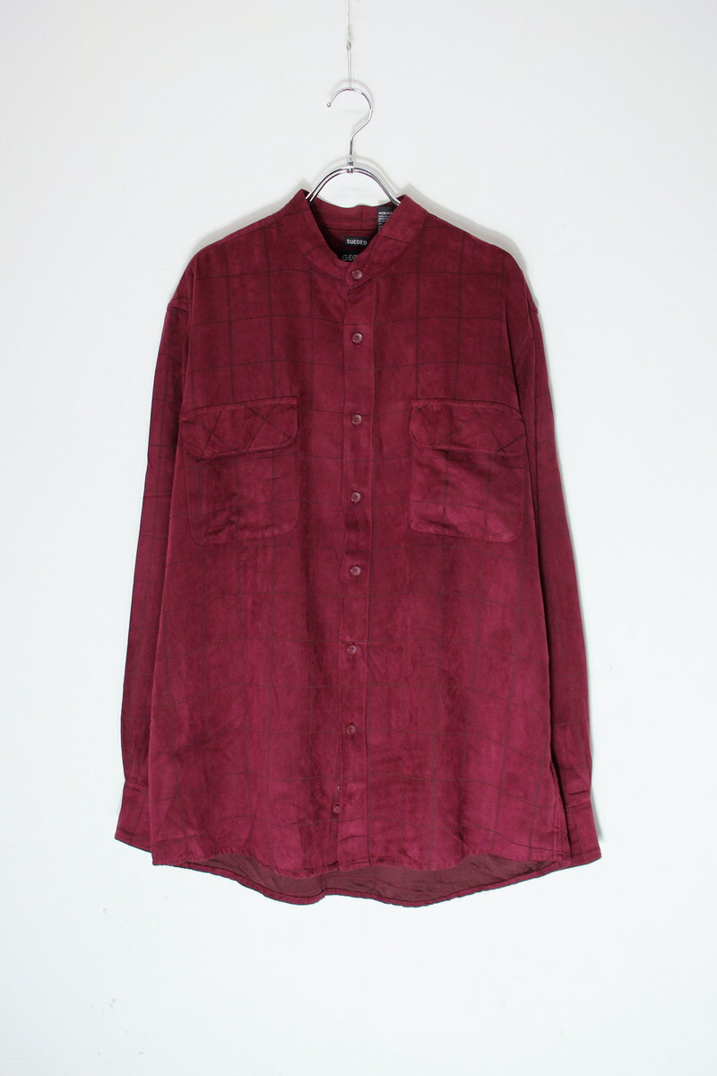 【中古】GEORGE (ジョージ) 90'S BAND COLLAR VEGAN SUEDE CHECK SHIRT 90年代 バンド カラー ビーガン スウェード チェック シャツ BURGUNDY [SIZE: M USED]