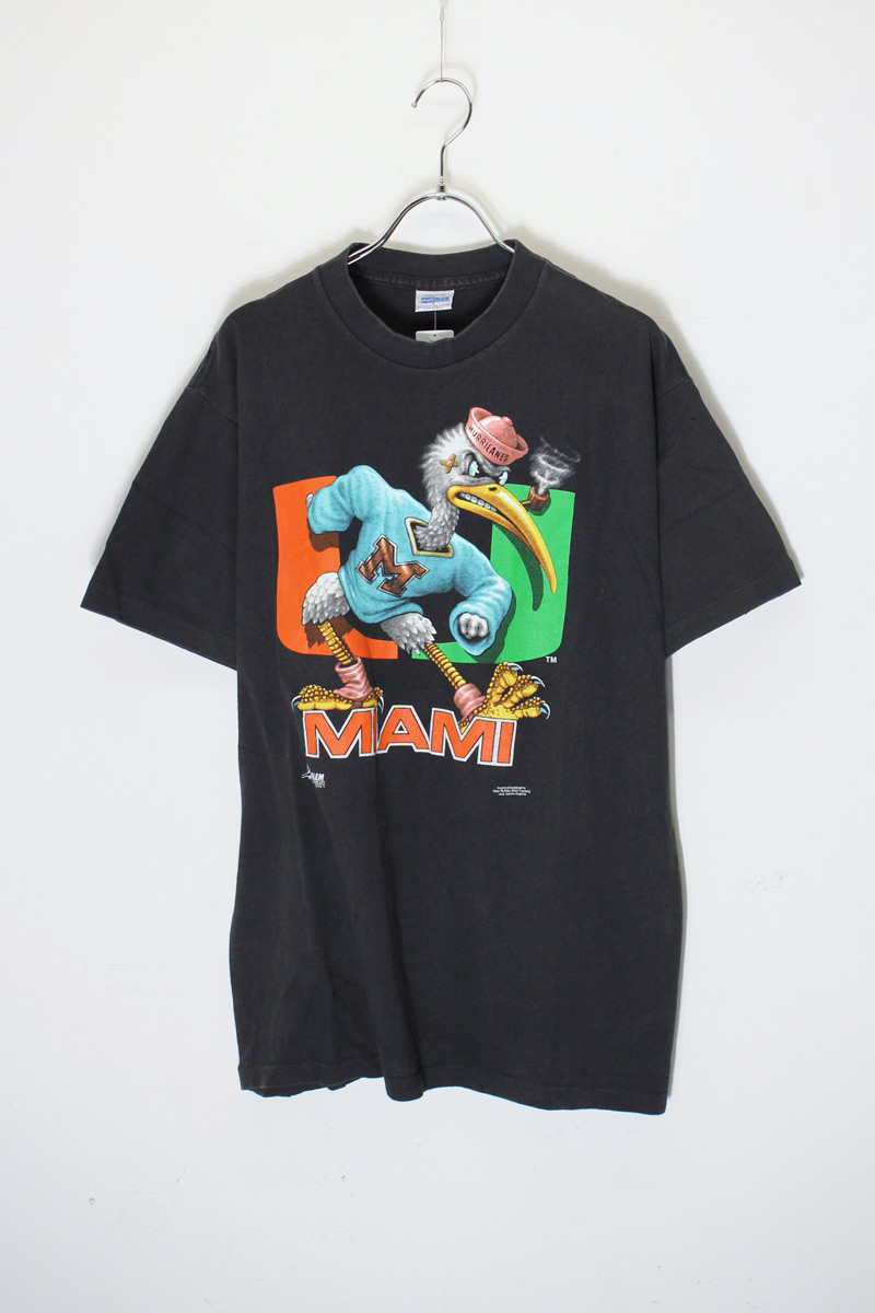 【中古】SALEM SPORTSWEAR (サレム 運動競技お召しもの) MADE IN USA 90\u0027S S/S MIAMI HURRICANES FOOTBALL T-SHIRT USA製 90日にち 半袖 マイアミ ハリケーンズ 蹴球 プルオーバー BLACK [SIZE: L USED]