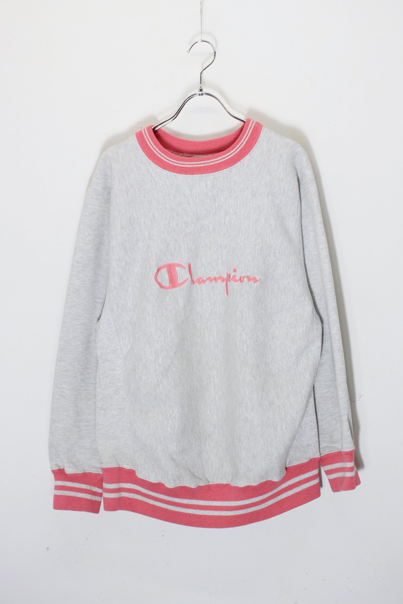 【中古】CHAMPION (チャンピオン) MADE IN USA 90'S RIB LINE LOGO EMBROIDERY REVERSE WEAVE SWEATSHIRT MEXICO製 90年代 リブ ライン ロゴ 刺繍 リバースウィーブ スウェットシャツ GREY/PINK [SIZE: L USED]