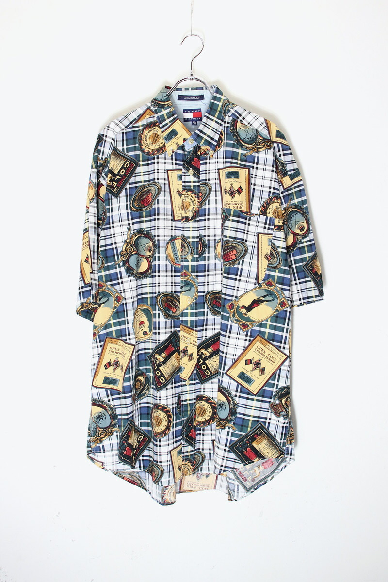 【中古】TOMMY HILFIGER (トミー ヒルファガー) 90'S S/S GOLF PATTERN CHECK SHIRT 90年代 半袖 ゴルフ パターン チェック シャツ GREEN / WHITE [SIZE: XL USED]