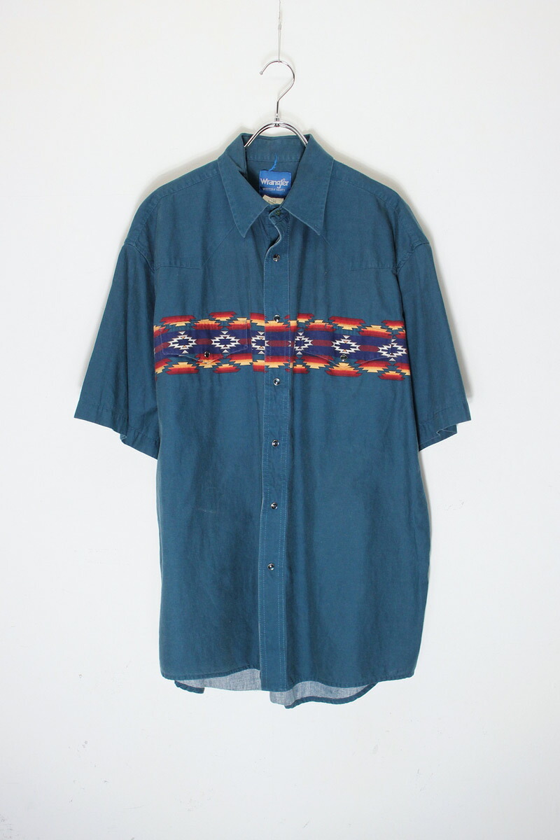 【中古】WRANGLER (ラングラー) 90'S S/S MEXICAN PATTERN WESTAN SHIRT 90年代 半袖 メキシカン パターン ウエスタン シャツ GREEN [SIZE: L USED]