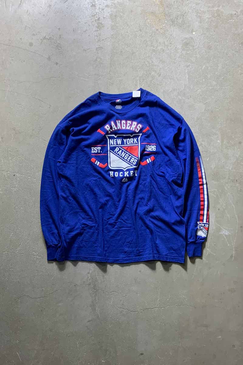 【中古】MAJESTIC (マジェスティック) L/S NHL NY RANGERS PRINT SPORTS T-SHIRT 長袖 ニューヨーク レンジャース プリント スポーツ ティーシャツ BLUE [SIZE: XL USED]