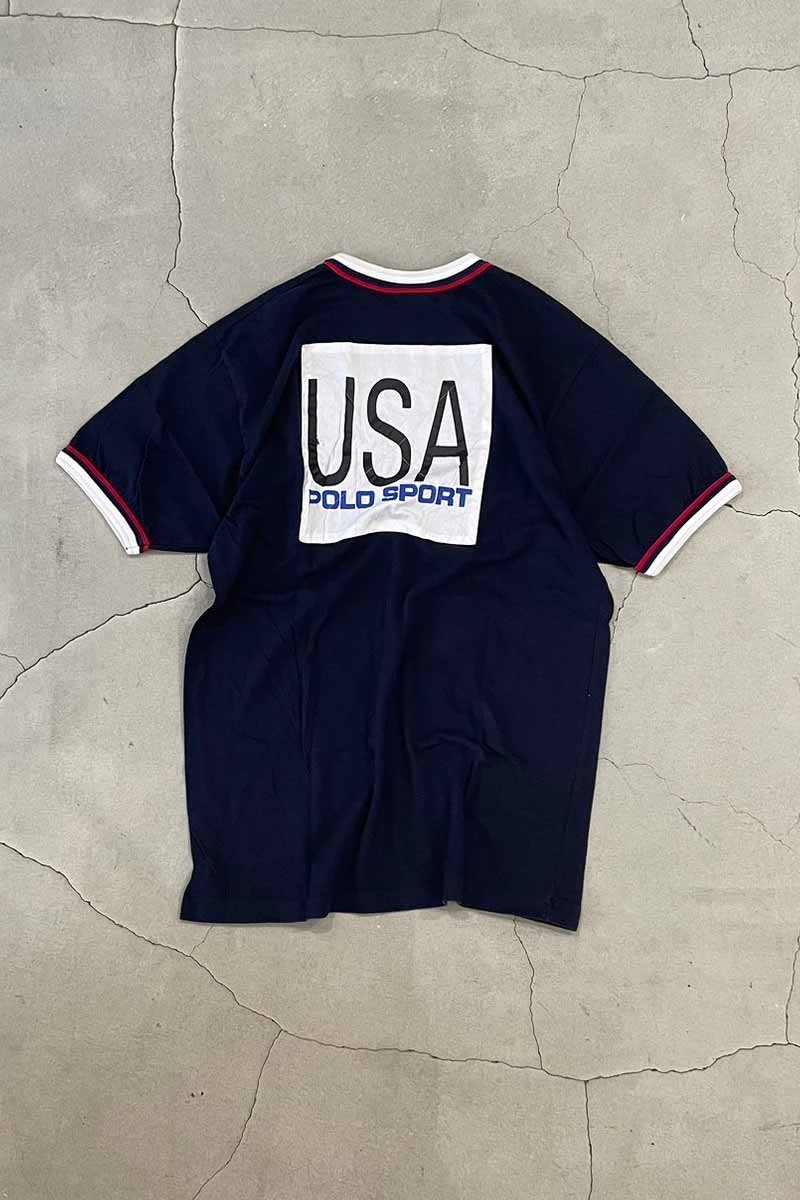【中古】POLO SPORT (ポロスポーツ) 90'S S/S USA BACK PATCH RINGER T-SHIRT 90年代 半袖 USA バック パッチ リンガー ティーシャツ NAVY [SIZE: XL USED]