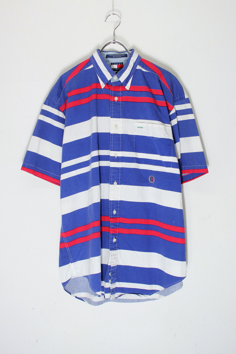 【中古】TOMMY HILFIGER (トミー ヒルフィガー) 90'S S/S COTTON BORDER SHIRT 90年代 半袖 コットン ボーダー シャツ BLUE /WHTE / RED [SIZE: M USED]