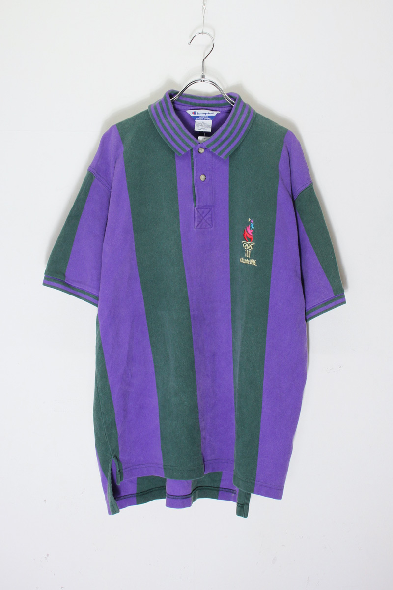 【中古】CHAMPION (チャンピオン) 96'S S/S STRIPE POLO SHIRT 96年代 半袖 ストライプ ポロ シャツ GREEN / PURPLE [SIZE: XL USED]
