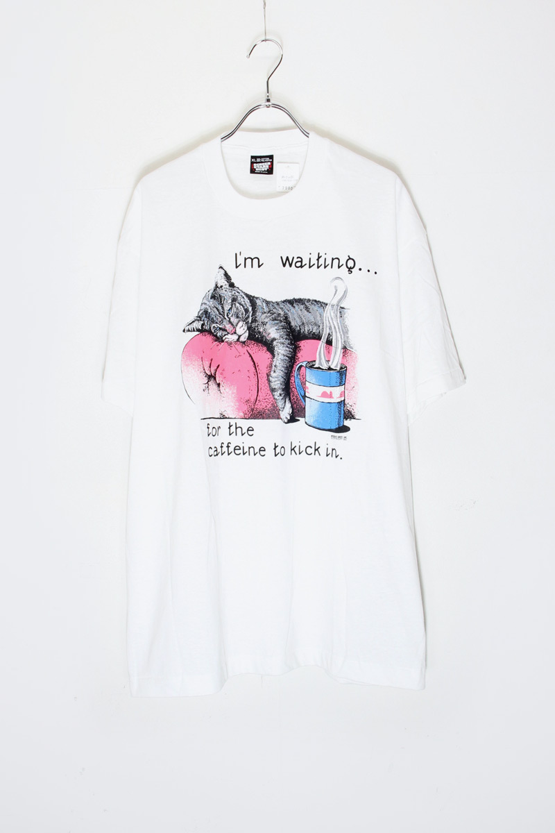 【中古】SCREEN STARS BEST (スクリーン スターズ ベスト) MADE IN USA 92'S S/S I'M WAITING CAT PRINT ANIMAL T-SHIRT USA製 92年代 半袖 アイム ウェイティング キャット プリント アニマル Tシャツ WHITE [SIZE: XL DEADSTOCK/NOS]｜JULIUS NYC