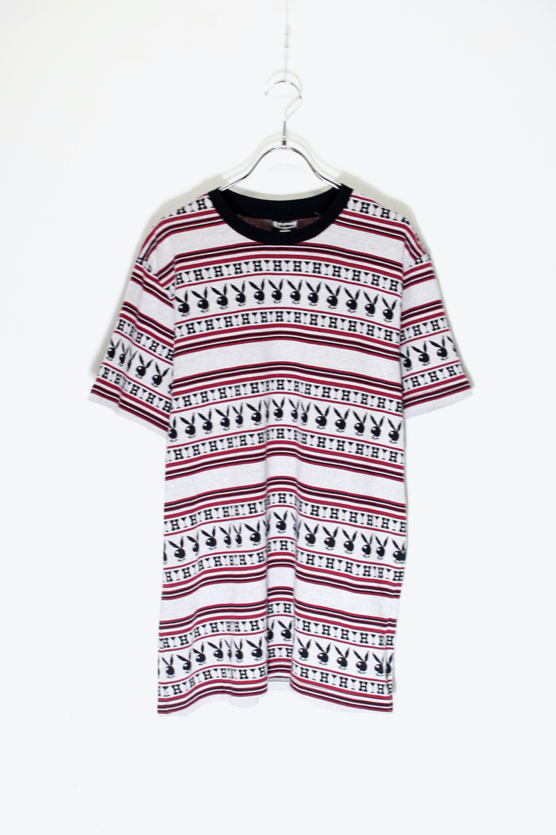 【中古】HUF x PLAYBOY (ハフ x プレイボーイ) S/S BORDER PATTERN T-SHIRT 半袖 ボーダーパターンTシャツ GRAY / RED [SIZE: M DEADSTOCK/NOS]
