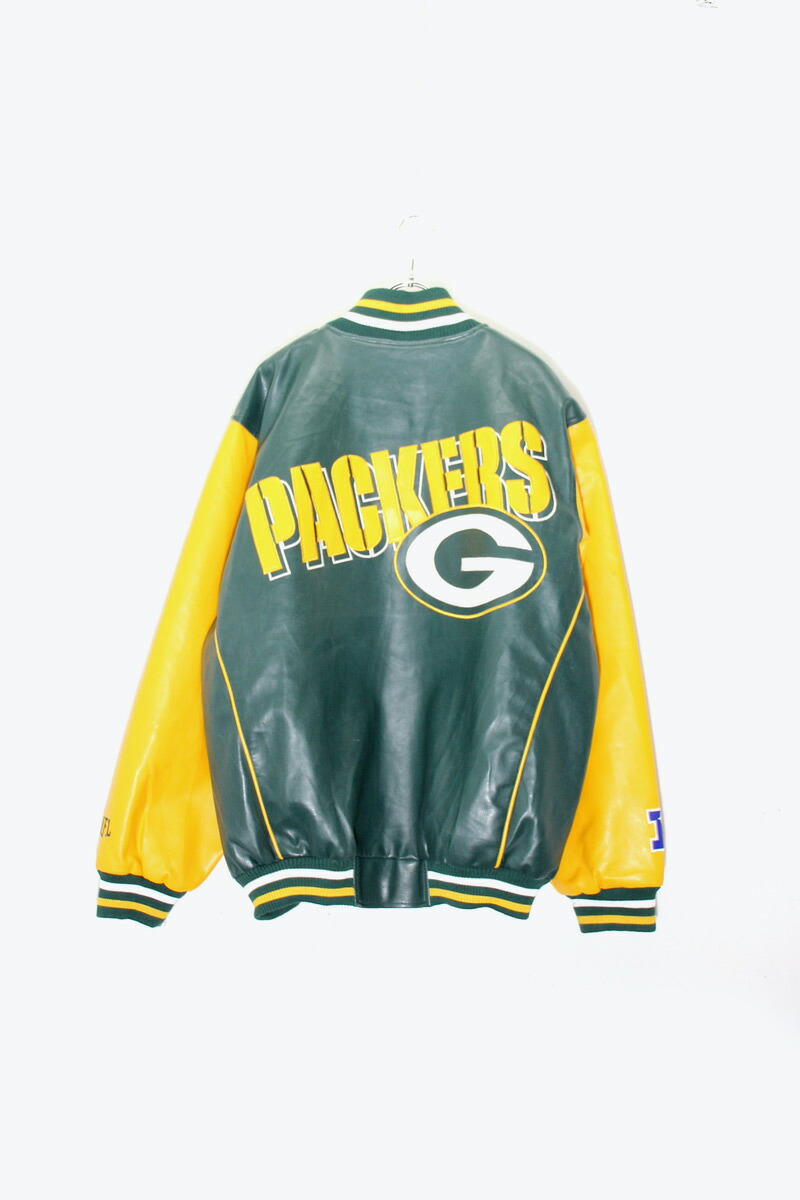 【中古】NFL ( ナショナル フットボール リーグ ) 90 PACKERS BACK EMBROIDERY VEGAN LEATHER STADIUM JACKET 90年代 パッカーズ バック 刺繍 ビーガン レザー スタジアム ジャケット / GREEN / YELLOW [SIZE: XL USED]
