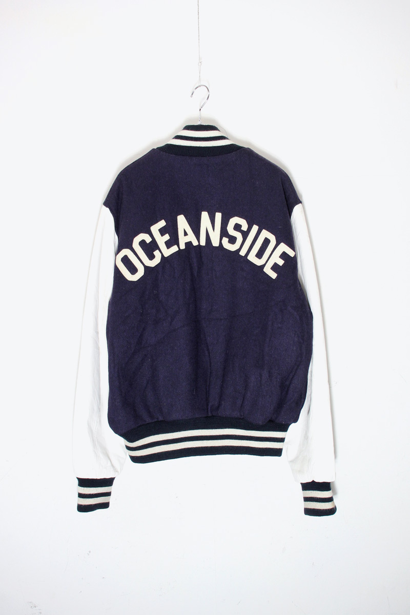 【中古】EMPIRE (エンパイア) MADE IN USA 90'S OCEAN SIDE BACK PATCH WOOL LEATHER STADIUM JACKET W/QUILTING LINER USA製 90年代 オーシャン サイド バック パッチ ウール レザー スタジアム ジャケット NAVY / WHITE [SIZE: L USED] 16,776円