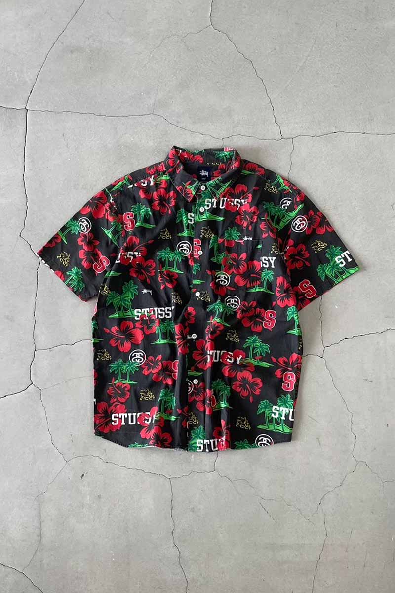 【中古】STUSSY (ステューシー) S/S COTTON HAWAIIAN SHIRT 半袖 綿織物 ハワイアン プルオーバー BLACK [SIZE: L USED]