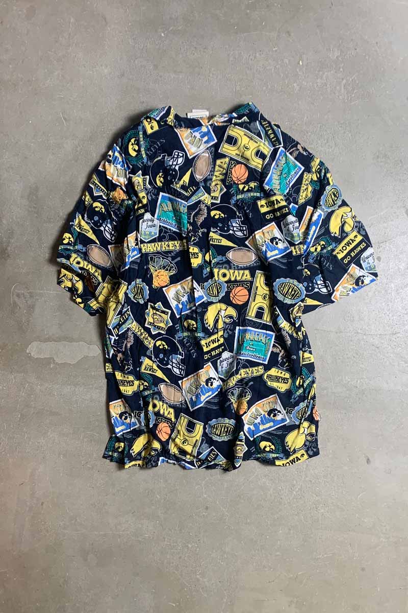 【中古】LEE SPORT (リースポーツ) 90'S S/S OPEN COLLAR HAWKEYES DESIGN RAYON HAWAIIAN SHIRT 90年代 半袖 オープン カラー ホークアイズ デザイン レーヨン ハワイアンシャツ BLACK [SIZE: L USED]