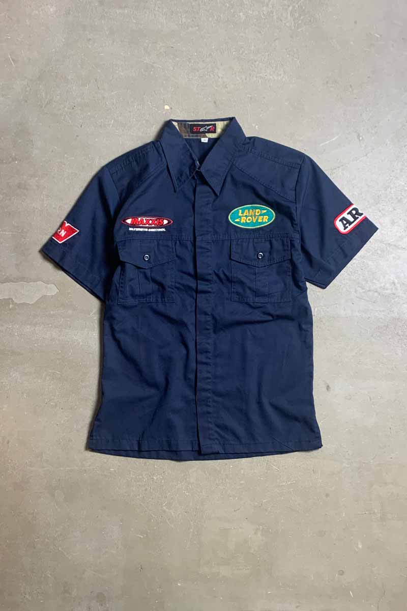 【中古】STAR (スター) 90'S S/S LAND ROVER BADGE CUSTOM WORK SHIRT 90年代 半袖 レンジローバー カスタム ワークシャツ NAVY [SIZE: XL(M相当) USED]