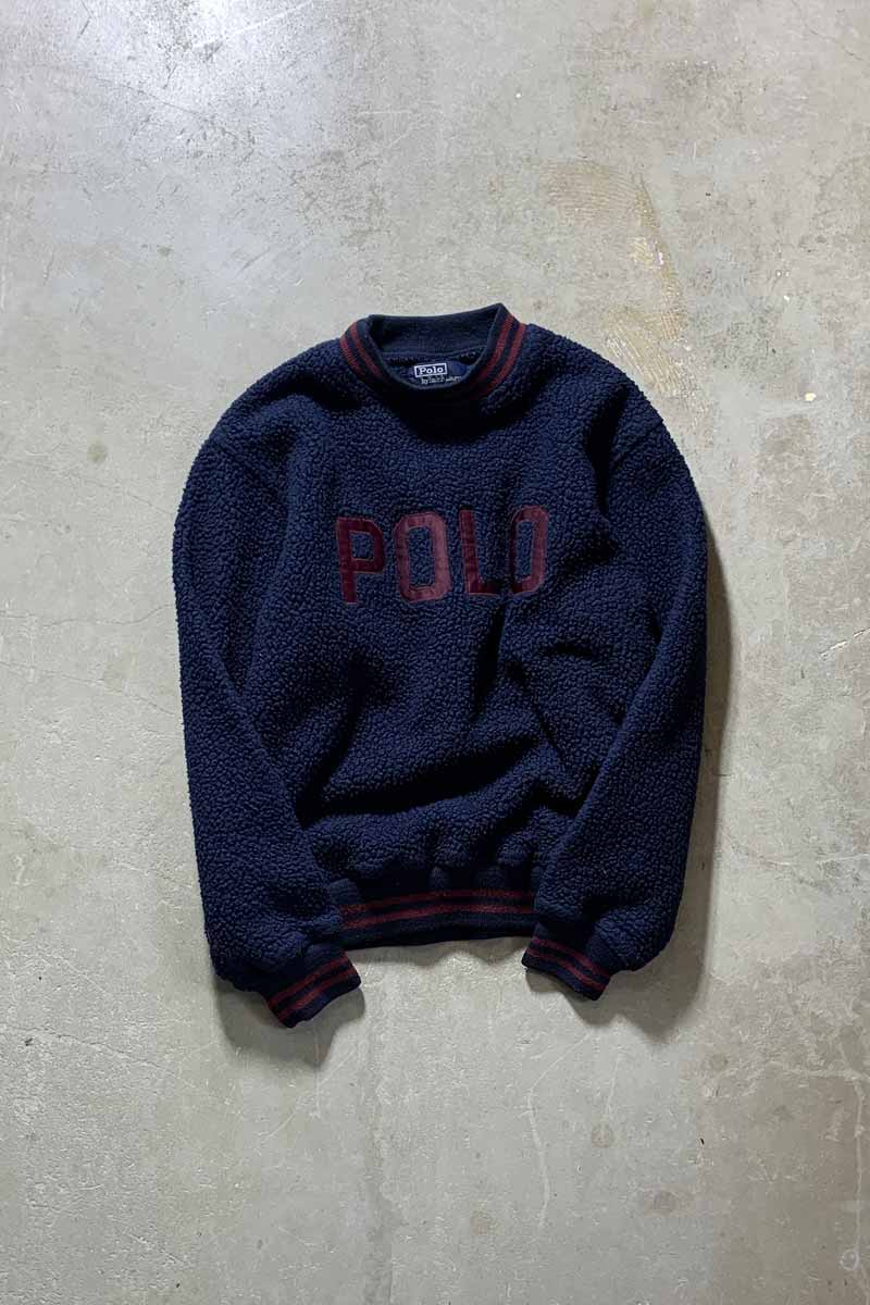 【中古】POLO BY RALPH LAUREN(ポロバイラルフローレン) MADE IN USA 90'S LOGO EMBROIDERY BOA FLEECE SWEATSHIRT USA製 90年代 ボアフリース スウェットシャツ NAVY [SIZE: S USED]
