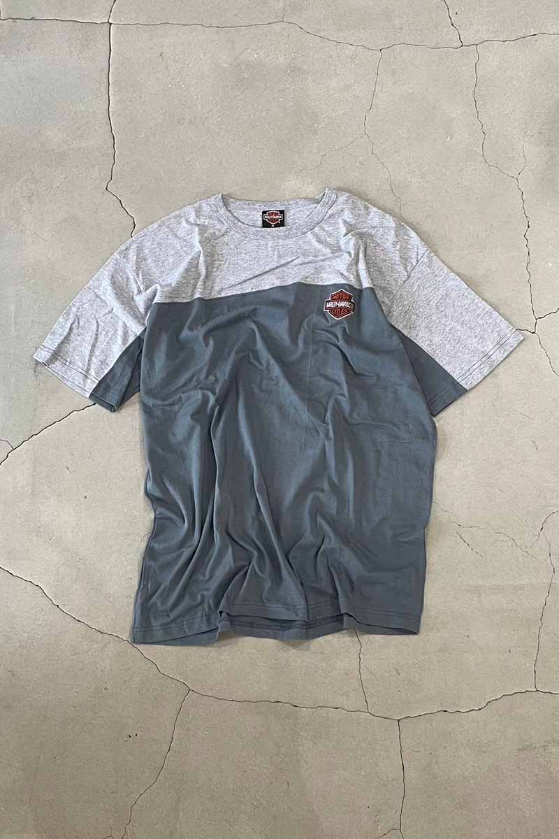 【中古】HARLEY DAVIDSON (ハーレーダビッドソン) MADE IN USA 90'S S/S TWO TONE LOGO EMBROIDERY MOTORCYCLE T-SHIRT USA製 90年代 半袖 モーターサイクル Tシャツ GRAY / CHARCOAL [SIZE: XL USED]｜JULIUS NYC