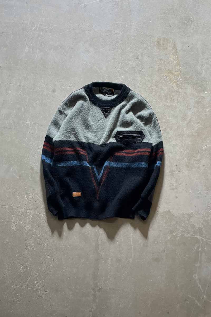 【中古】MIN CHU (ミン チュウ) 80'S LEATHER SWITCHING WOOL ACRYLIC DESIGN KNIT SWEATER 80年代 レザー スウィッチング ウール アクリル デザイン ニット セーター NAVY [SIZE: M USED] 14,399円