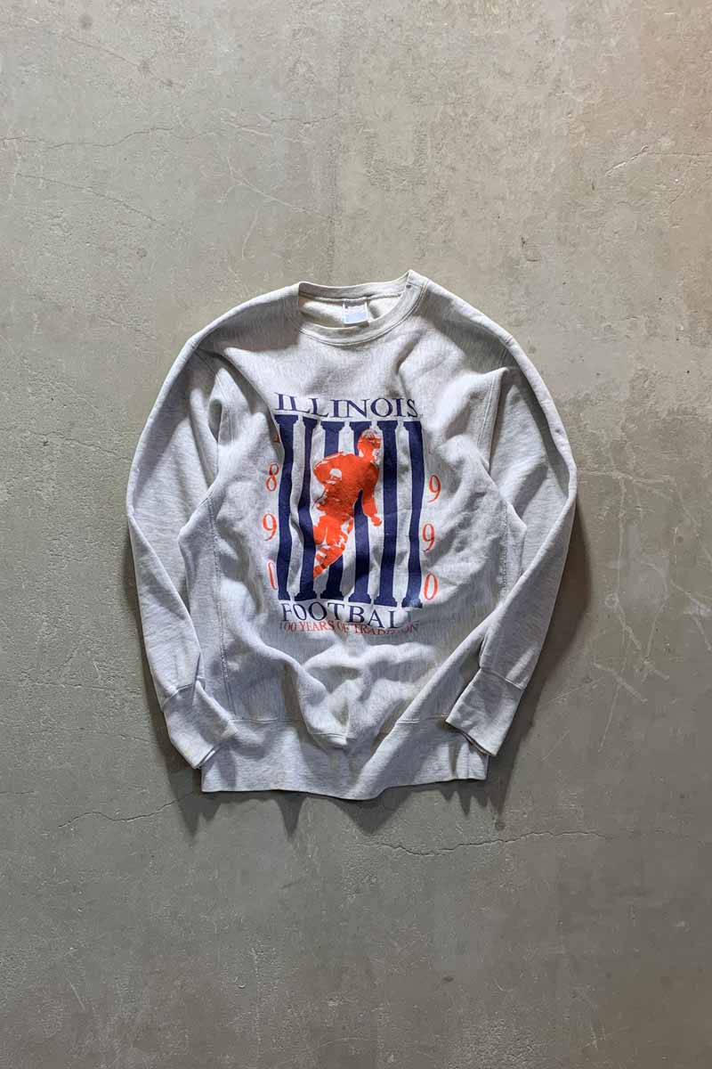 【中古】CHAMPION (はやりっ子) MADE IN USA 90\u0027S REVERSE WEAVE ILLINOIS PRINT SWEATSHIRT USA製 90年月日 リバースウィーブ イリノイ州 刷り上げる トレーナー GRAY [SIZE: XL USED]