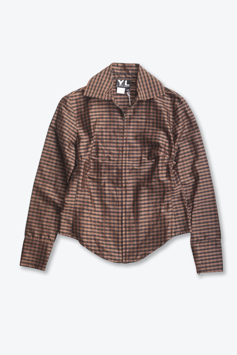 【中古】YL BY YAIR （ヤイル）90\u0027S MADE IN USA L/S GINGHAM CHECK SILK ZIP SHIRT / BROWN/BLACK ギンガムチェックシルクジップシャツ [SIZE: L USED]