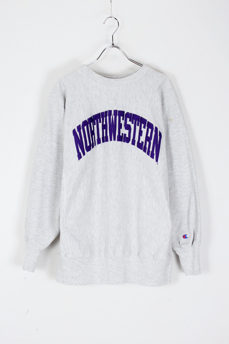 【中古】CHAMPION (はやりっ子) MADE IN USA 90\u0027S NORTHWESTERN COLLEGE REVERSE WEAVE SWEAT SHIRT USA製 90年月日 ノースウェスタン 単科大学 逆さま 縮くれる 流汗 プルオーバー GRAY [SIZE: L USED]