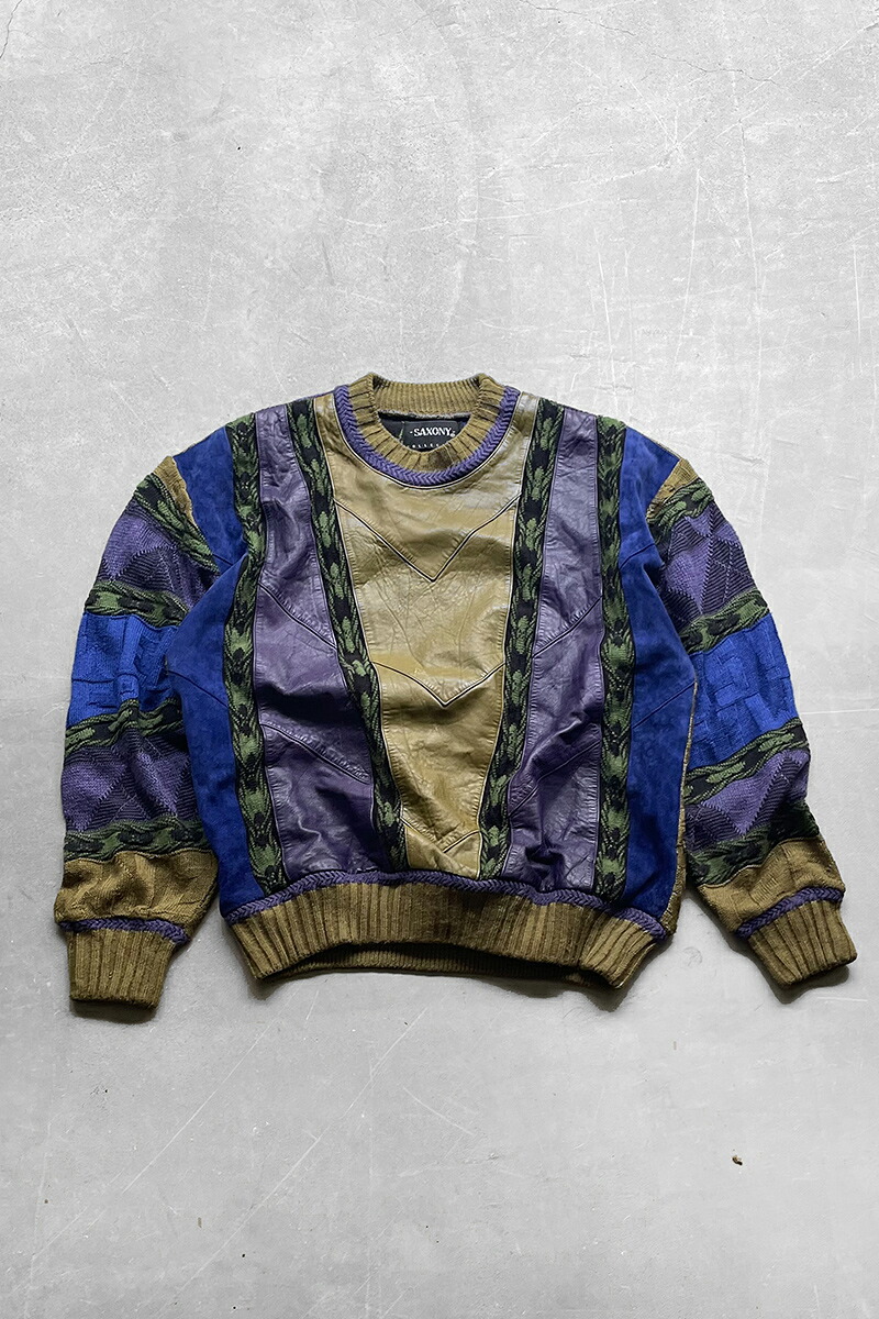 【中古】SAXONY (サクソニー) 90'S LEATHER SWITCHING 3D KNIT SWEATER 90年代 レザー スウィッチング スリーディー ニット セーター / MULCH [SIZE: M USED]
