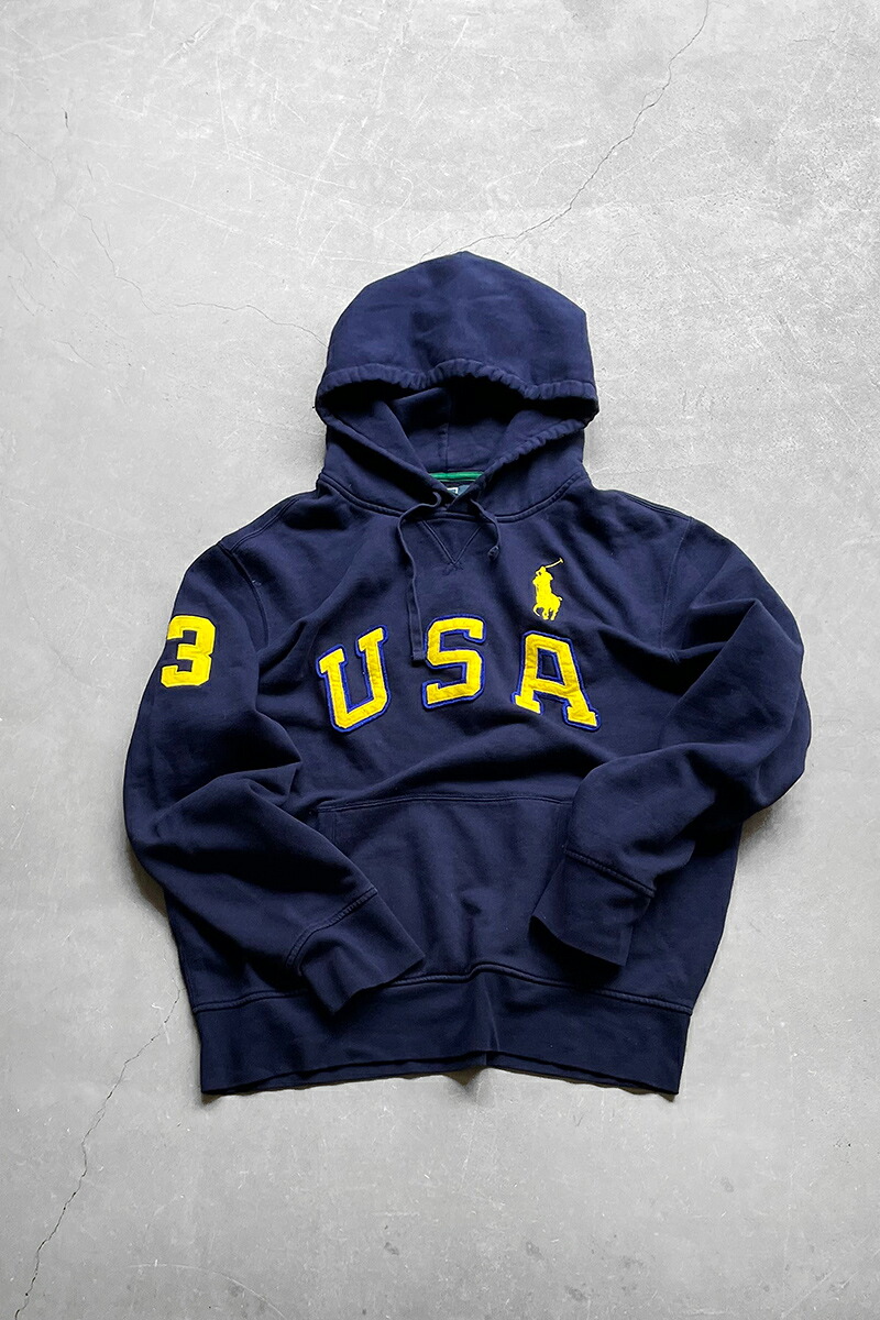 【中古】POLO BY RALPH LAUREN(ポロ バイ ラルフローレン) 90\u0027S EXCLUSIVE OF DECORATION HOODIE SWEATSHIRT 90年月日 エクスクルーシブ オブ 飾りつけ 汗水 フーディー NAVY [SIZE: XL USED]