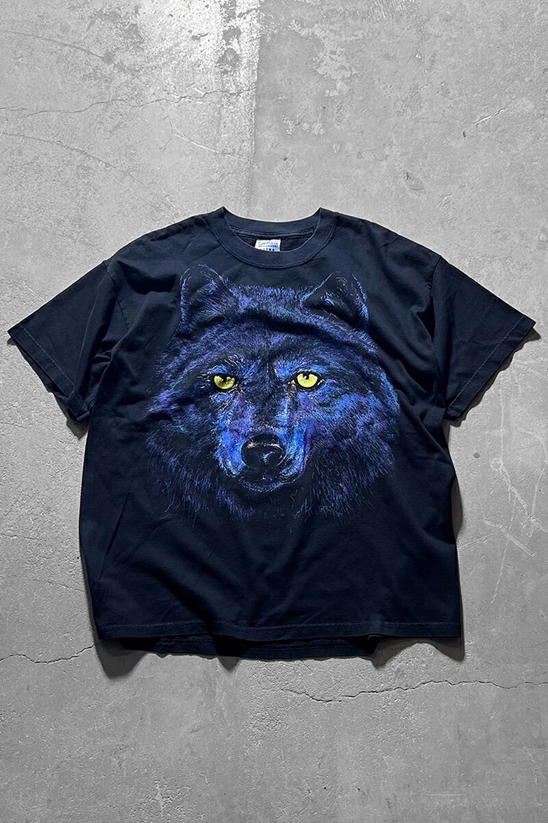 【中古】GILDAN (ギルダン) 90-00'S WOLF PRINT ANIMAL T-SHIRT ウルフ アニマル プリント Tシャツ BLACK [SIZE: XL USED]