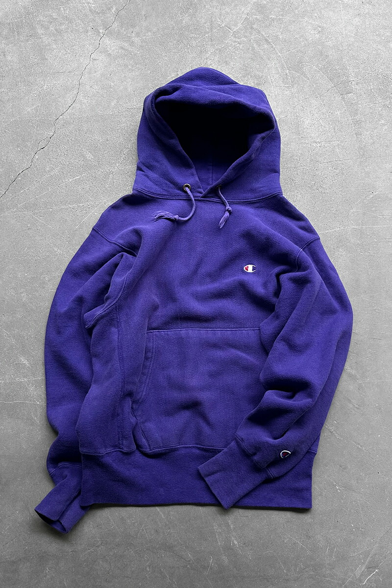 【中古】CHAMPION (はやりっ子) MADE IN USA 90\u0027S REVERSE WEAVE HOODIE SWEATSHIRT 亜米利加製 90年月日 逆さま フーディ トレーナー 刺しゅう スウェットフーディー パーカー PURPLE [SIZE: M USED]