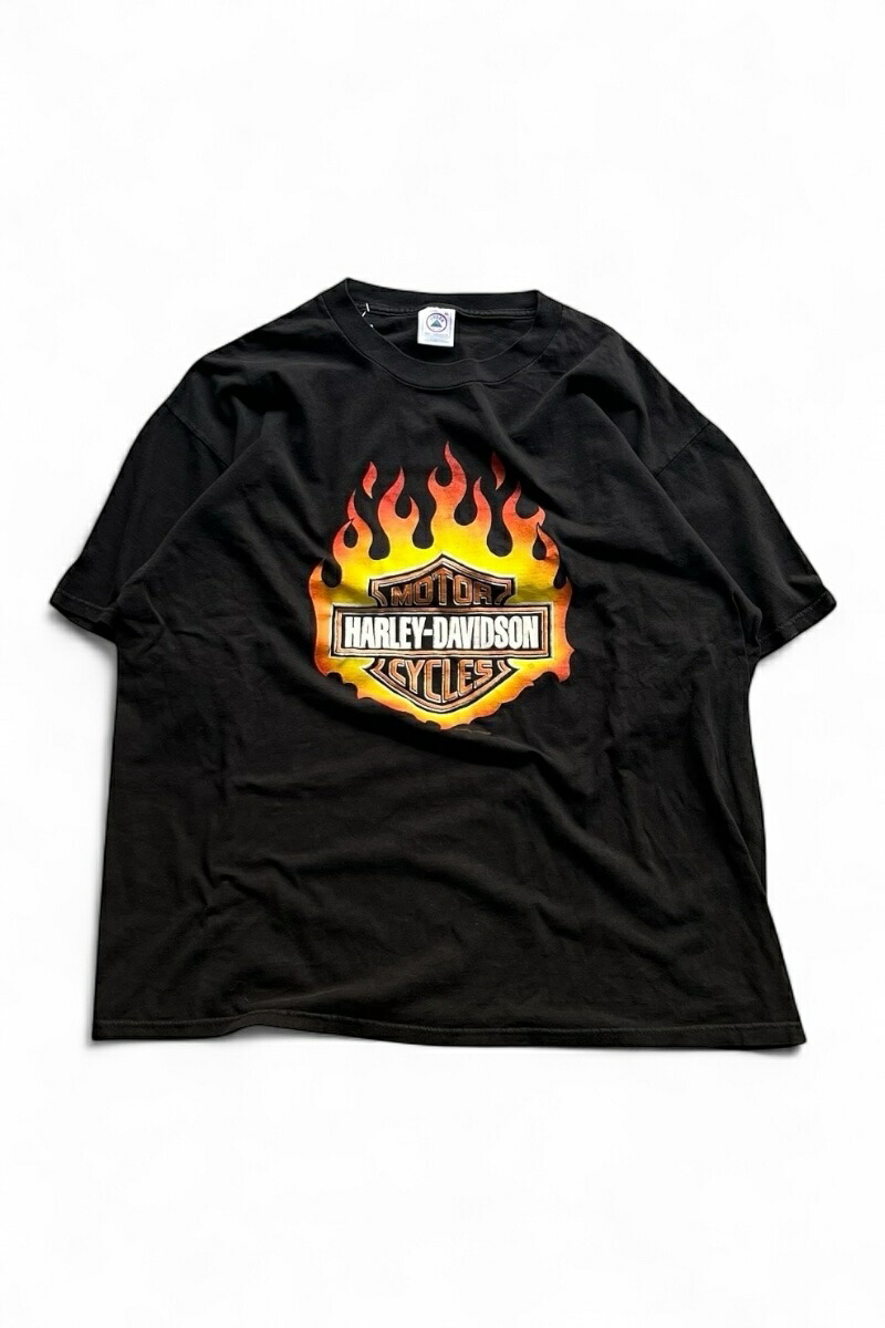 【中古】DELTA (三角州) 90\u0027S HARLEY-DAVIDSON FLAME LOGO T-SHIRT 99年 ハーレーダビッドソン 枠組み ロゴタイプ ティーシャツ BLACK [SIZE: L USED]