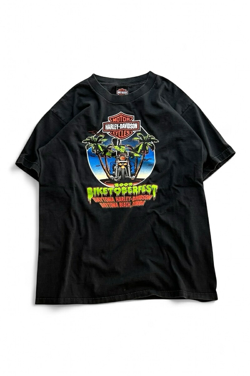 【中古】HARLEY DAVIDSON (ハーレーダビッドソン) MADE IN USA Y2K 02 DAYTONA BEACH PRINT T-SHIRT アメリカ製 Y2K 02年 デイトナ ビーチ プリント Tシャツ BLACK [SIZE: L USED]