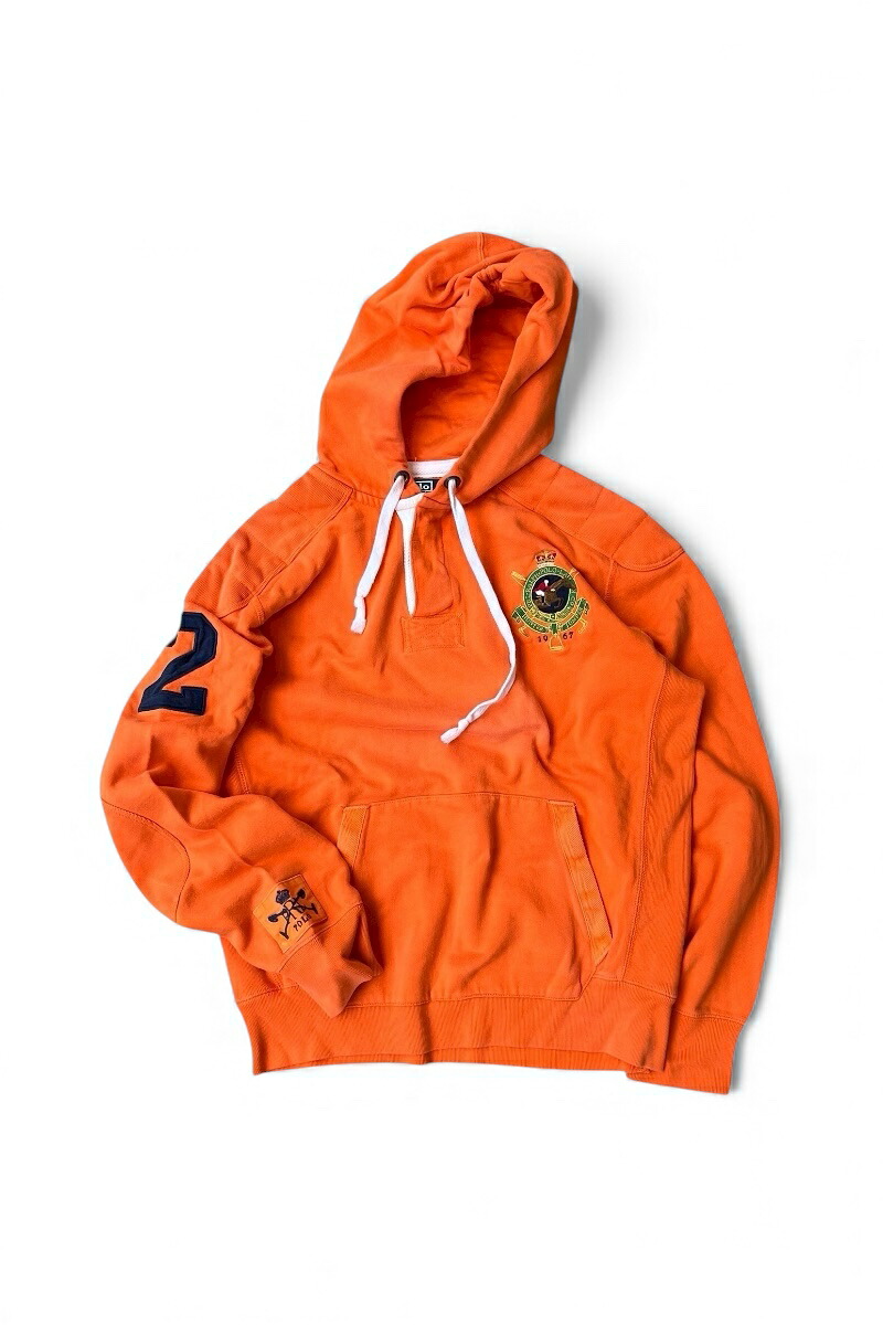 【中古】POLO BY RALPH LAUREN (ポロ バイ ラルフ ローレン) 90'S EMBROIDERY SWEAT HOODIE EXCLUSIVE OF DECORATION 90年代 エンブロイダリー スウェット フーディ エクスクルーシブ オブ デコレーション / ORANGE [SIZE: M USED]
