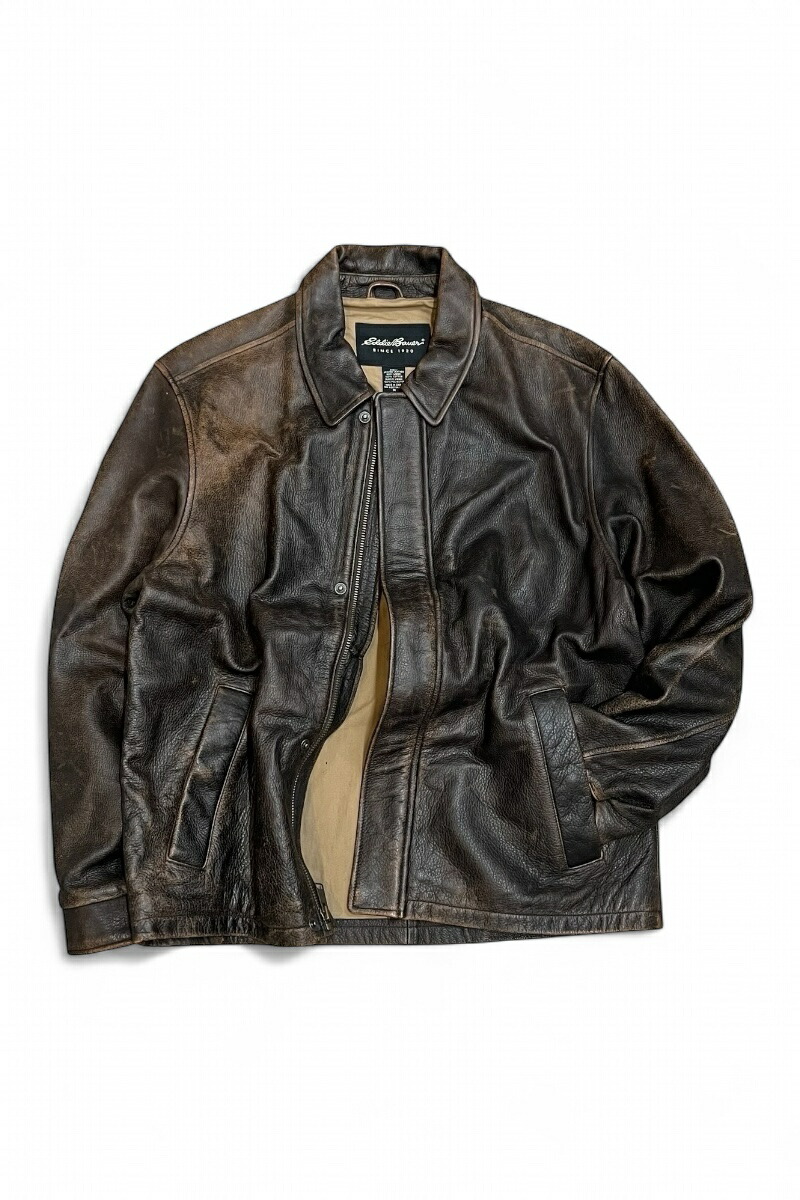 【中古】EDDIE BAUER (エディー バウアー) WORN BROWN LEATHER ZIP JACKET ウォーン ブラウン レザー ジャケット  / BROWN [SIZE: M USED]