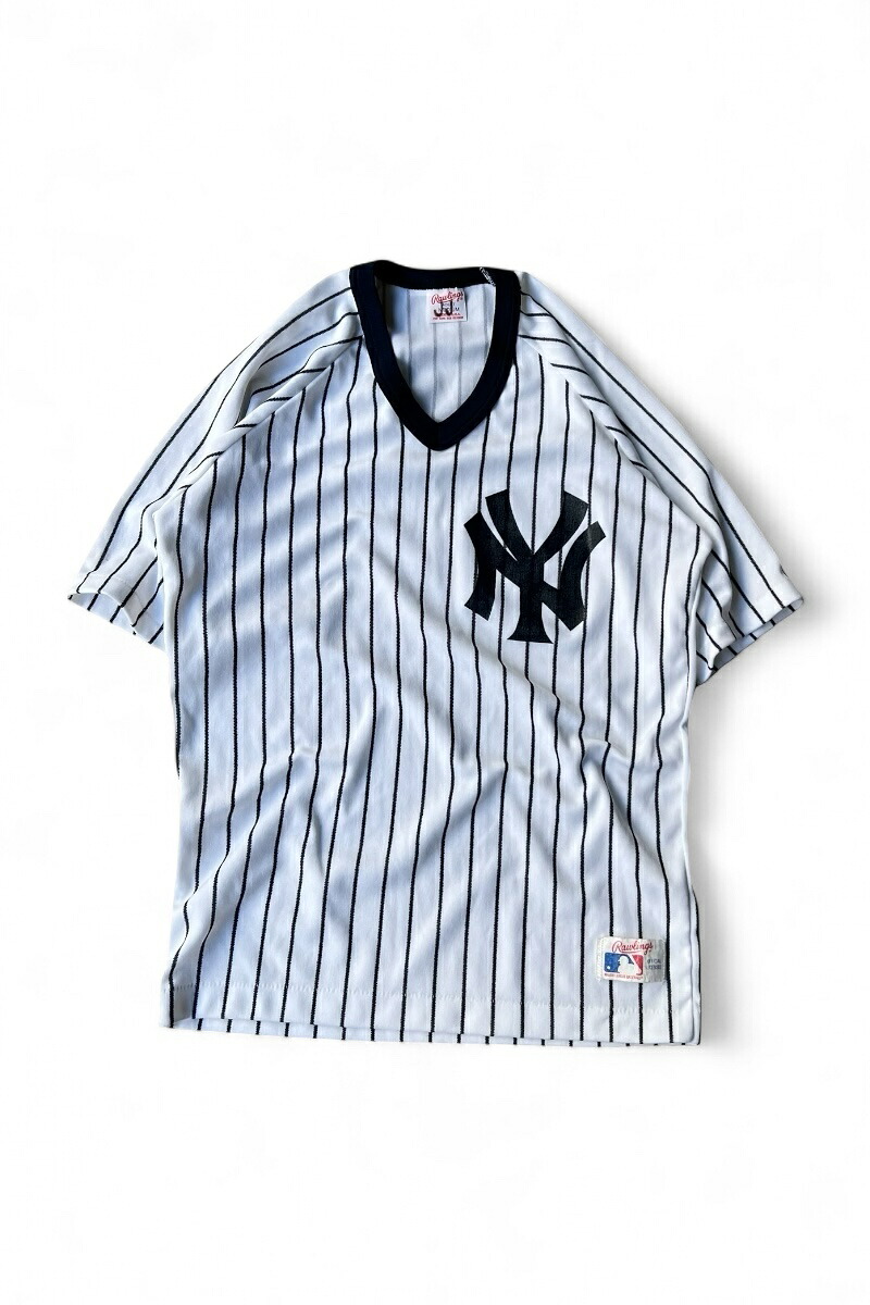 【中古】RAWLINGS (ローリングス) MADE IN USA 80-90 NY YANKEES V-NECK T-SHIRT USA製 80-90年代 NY ヤンキース Vネック Tシャツ / STRIPE [SIZE: M USED]