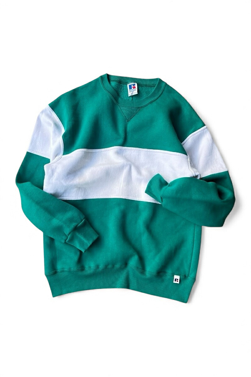 【中古】RUSSELL (ラッセル)  MADE IN USA 90\u0027S BICOLOR SWEATSHIRT USA製 90年月日 バイ色つや トレーナー / GREEN [SIZE: M USED]