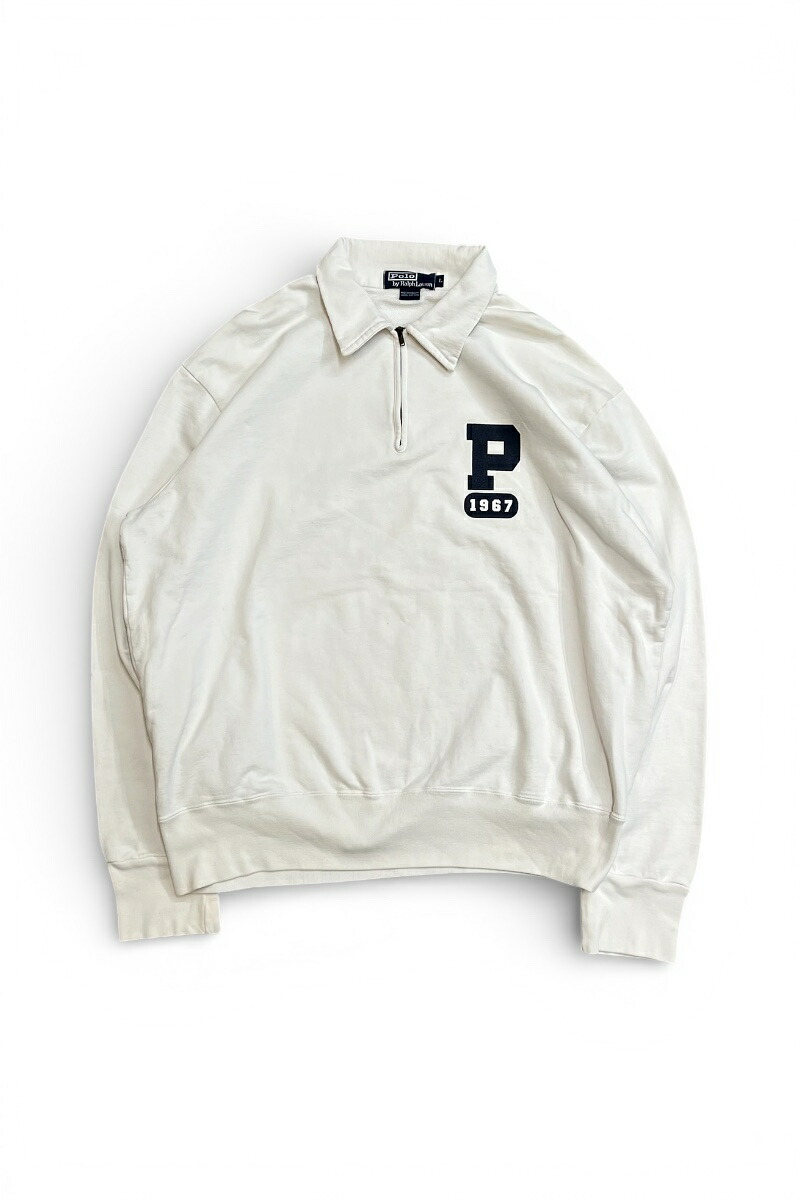 【中古】POLO BY RALPH LAUREN (ポロ バイ ラルフローレン) 90\u0027S P LOGO HALF-ZIP L/S POLO SHIRT 90年月日 P ロゴタイプ ハーフジップ 長袖 スポーツシャツ / WHITE [SIZE: L USED]