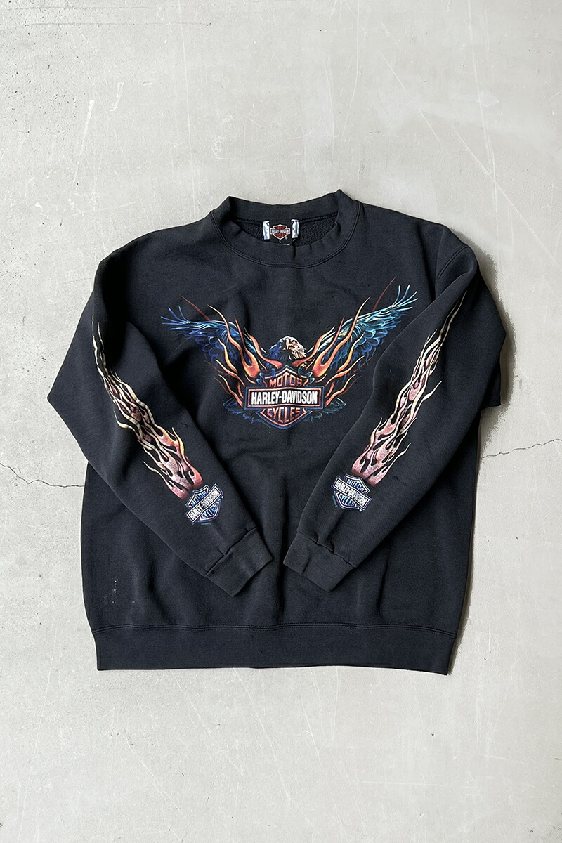 【中古】HARLEY DAVIDSON / LEE (ハーレー ダヴィッドソン / ロバート・エドワード・リー) MADE IN USA Y2K 00\u0027S FLAME SWEATSHIRT USA製 00年月日 一こま トレーナー / BLACK [SIZE: L USED]