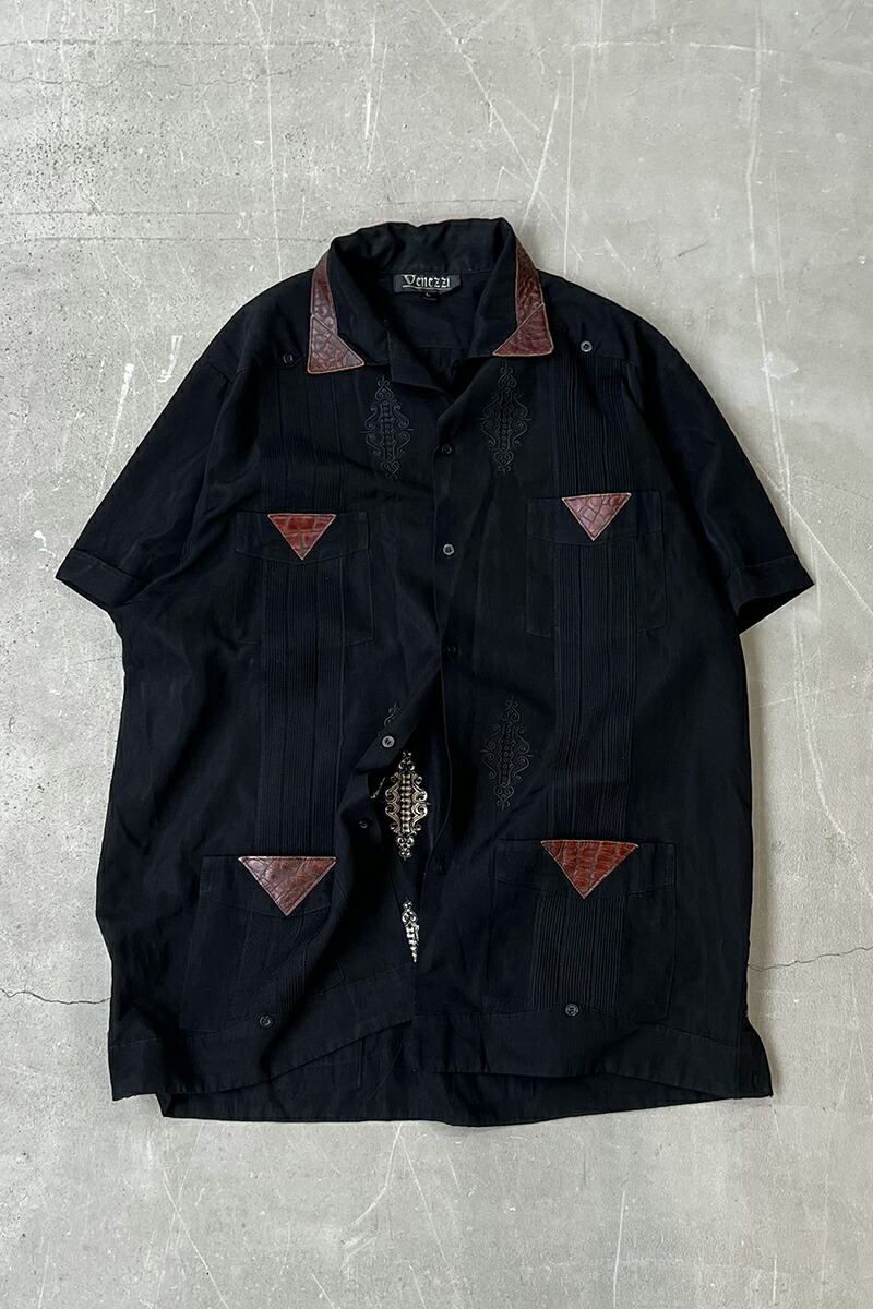 【中古】VENEZZL (ヴェンツェル) 90'S CUBA LEATHER DESIGN S/S SHIRT 90年代 レザー デザイン キューバ シャツ / BLACK [SIZE: L USED]