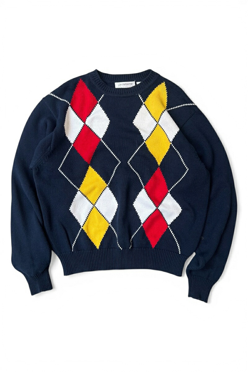 【中古】LIZ CLAIBORNE (リズ クレイボーン) 90'S ARGYLE COTTON KNIT SWEATER 90年代 アーガイル コットン デザイン ニット セーター NAVY [SIZE: M USED]｜JULIUS NYC