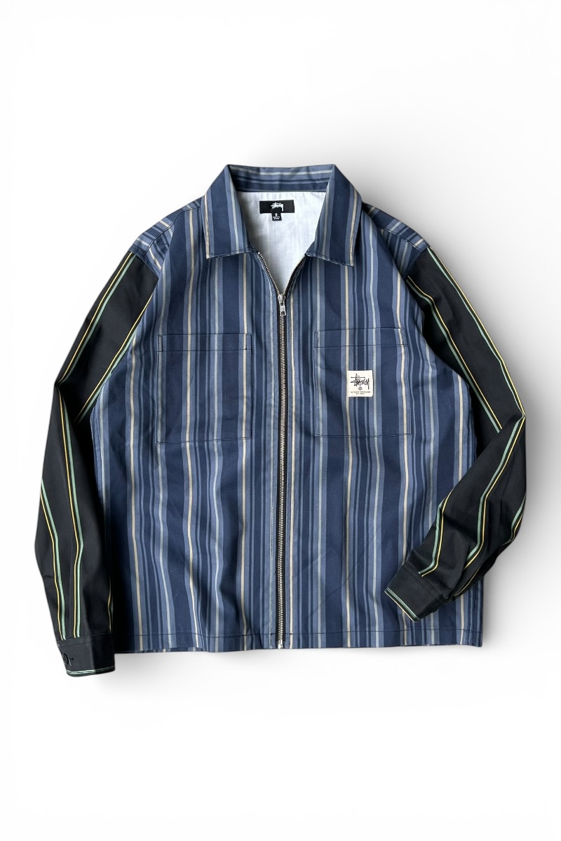 【中古】STUSSY (ステューシー) STRIPE ZIP SHIRT JACKET 縞模様 ジップ プルオーバー 上衣 / NAVY [SIZE: S USED]